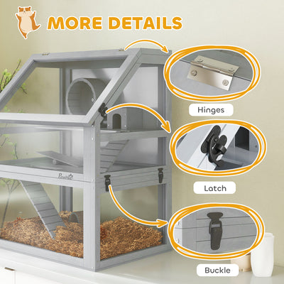 PawHut Wooden Hamster Cage with Detachable 32cm Deep Bottom, Hut, Seesaw, Exercise Wheel, Ramp, 60 x 40 x 75cm, Light Grey 