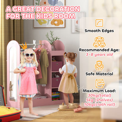AIYAPLAY Kids Clothes Rail with Storage Shelf, Boxes, Mirror for Bedroom, Nursery, Pink 