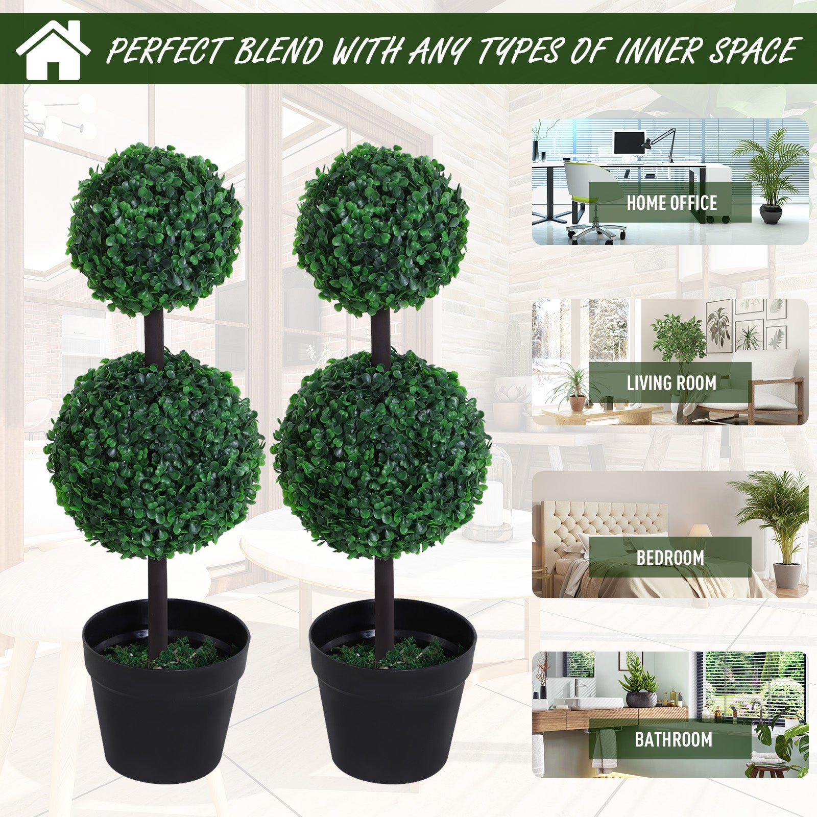 Outsunny Set of 2 Artificial Boxwood Ball Topiary Trees Potted Decorative Plant Outdoor and Indoor Décor (67cm) 