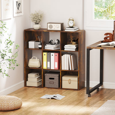 HOMCOM 3-tier 9 Cubes Storage Unit Particle Board Cupboard Bookcase Organiser Home Office Shelves, Rustic Brown 