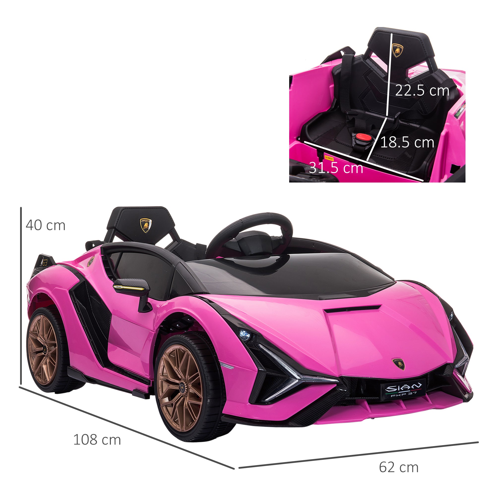 HOMCOM Lamborghini Sian Licensed 12V Kids Electric Ride On Car 2 Motors Toy Car with Remote Control Music Lights MP3 for 3-5 Years Pink 