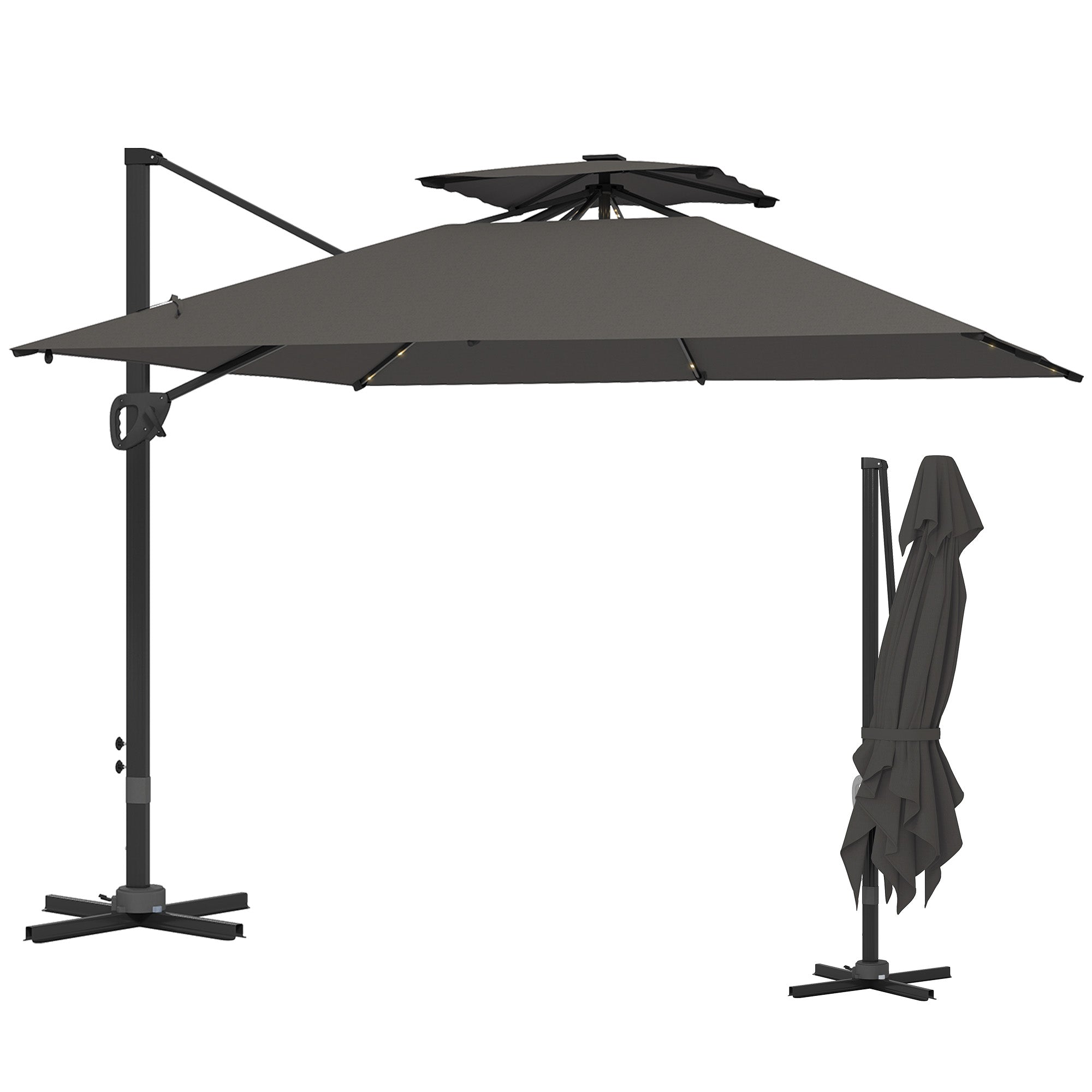 Outsunny 3.5x3 m Garden Cantilever Parasol with Solar LED Lights and Centre Light, Aluminium Large Square Patio Umbrella, UPF50+ Hanging Sun Shade with Cross Base, Crank Handle and Tilt, Grey