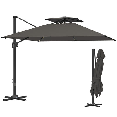 Outsunny 3.5x3 m Garden Cantilever Parasol with Solar LED Lights and Centre Light, Aluminium Large Square Patio Umbrella, UPF50+ Hanging Sun Shade with Cross Base, Crank Handle and Tilt, Grey 