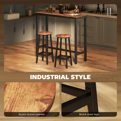 HOMCOM Bar Stools Set of 2 Breakfast Bar Stools with Footrest, Industrial Round, 32 x 32 x 65 cm, Rustic Brown 