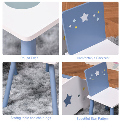HOMCOM 3 Pcs Kids Table & Chairs Set w/ Wood Legs Safe Corners Cute Stars Seating Mini Furniture Home Playroom Bedroom Dining Room Blue 
