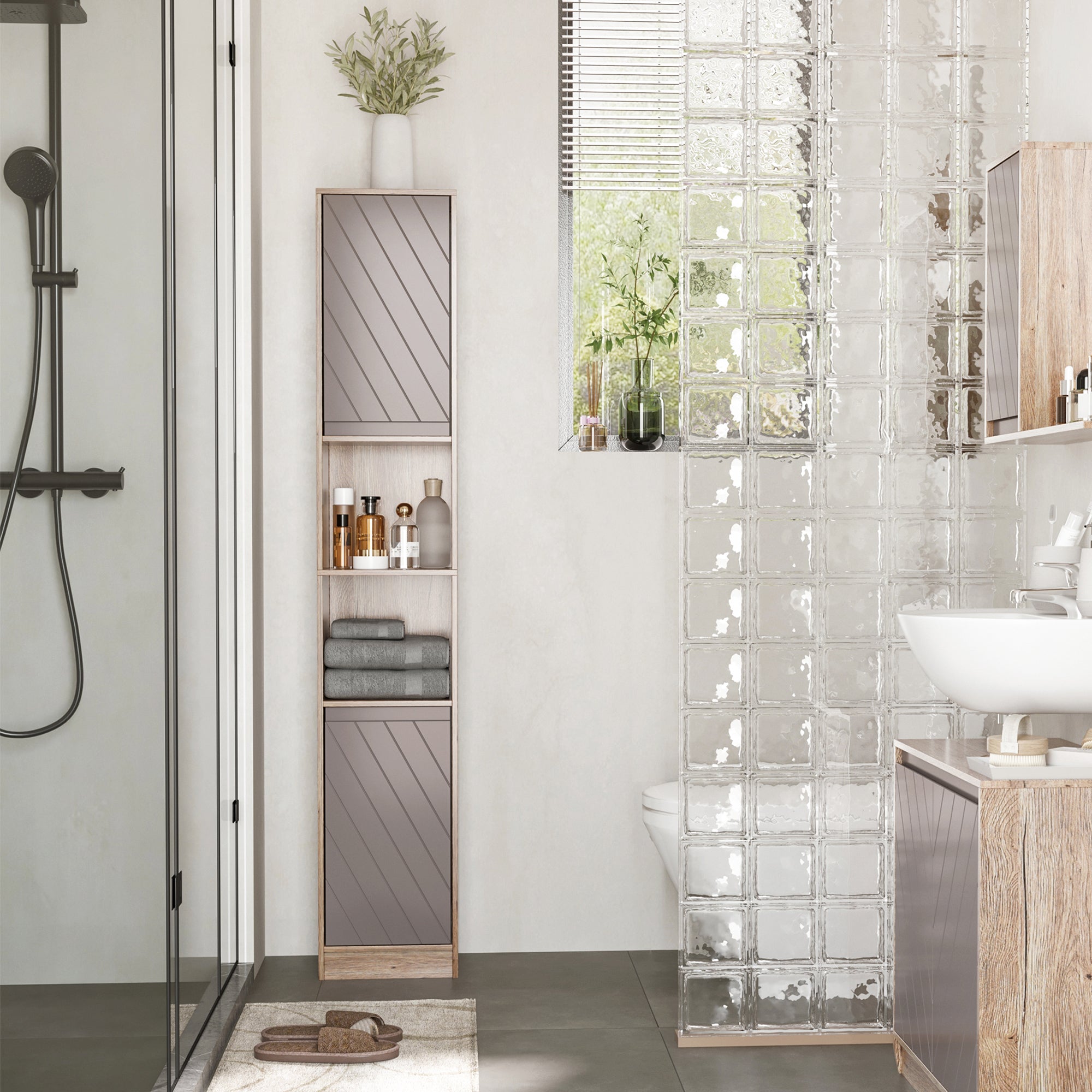 HOMCOM Freestanding Bathroom Storage Cabinet w/ 2 Cupboards 2 Compartments Home Organisation Anti-Tipping Elevated Base 30L x 24W x 170H cm Grey&Brown 