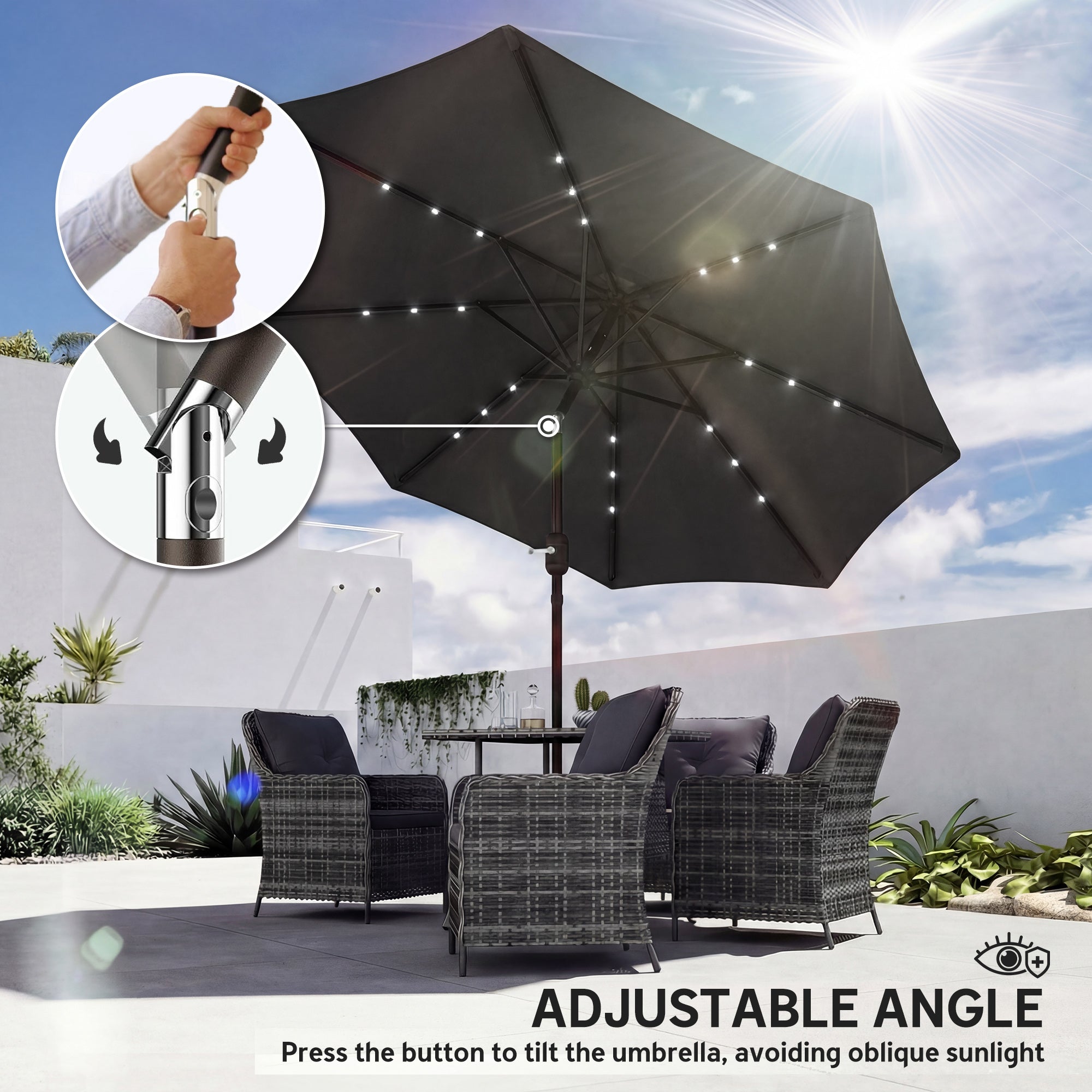 Outsunny 2.6 m Garden Parasol Umbrella with LED Solar Light, Parasol Cover, Outdoor Market Patio Umbrella, Black 
