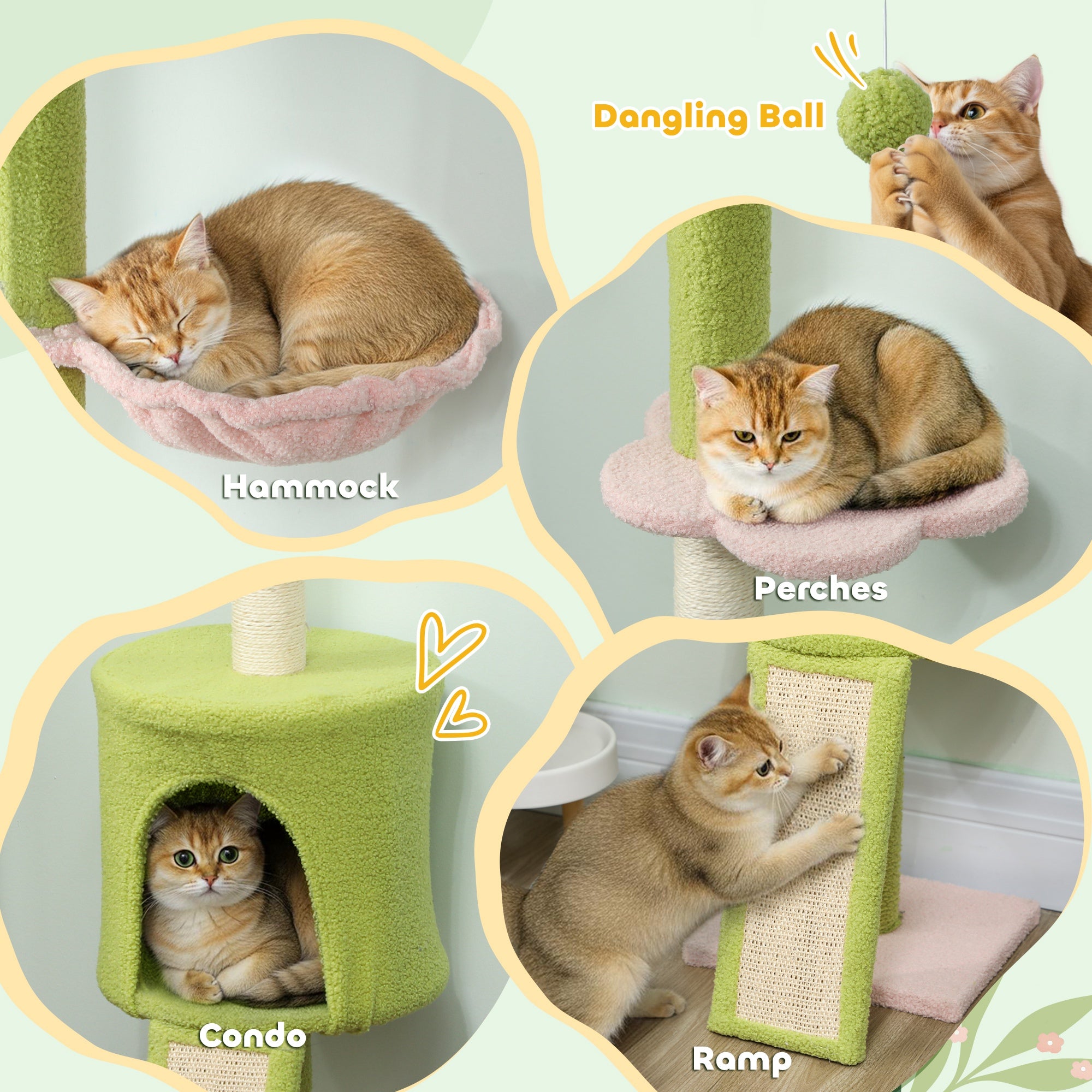 PawHut 220-240 cm Floor to Ceiling Cat Tree Adjustable Height with Hammock, Condo, Scratching Posts, Green 