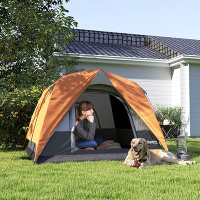 Outsunny 3-4 Person Camping Tent, Easy Set Up Waterproof Dome Tent with Sewn-in Groundsheet, Mesh Windows, Pocket and Hook for Camping, Hiking, Backpacking, Orange and Grey 