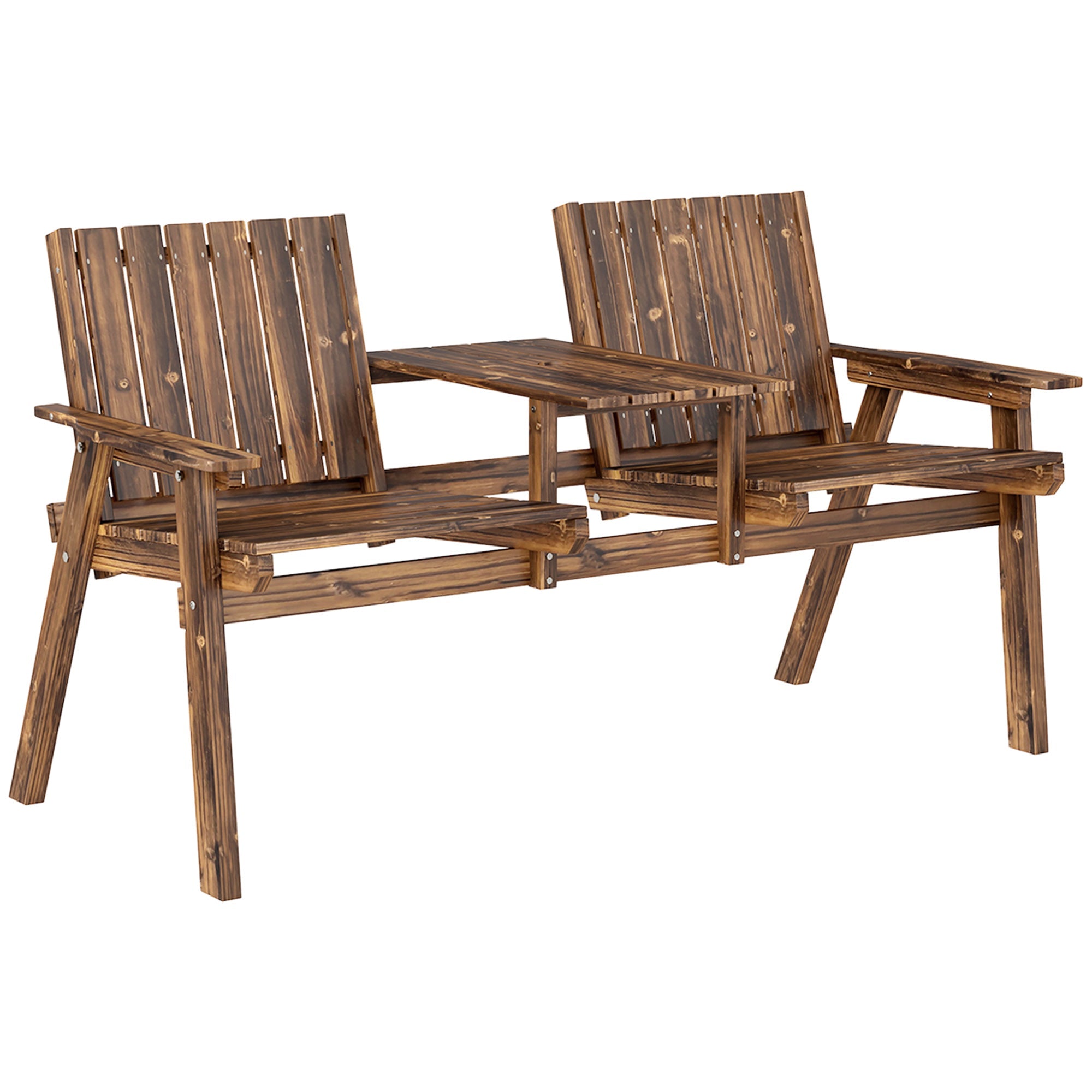 Outsunny 2-Seater Garden Bench with Table & Parasol Hole, Antique Loveseat for Porch, Patio, Carbonised Finish 