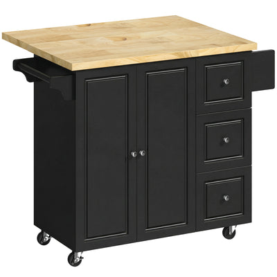 HOMCOM Kitchen Island on Wheels, Rolling Kitchen Storage Trolley with Drop Leaf, Drawers, Towel and Spice Rack, Black 