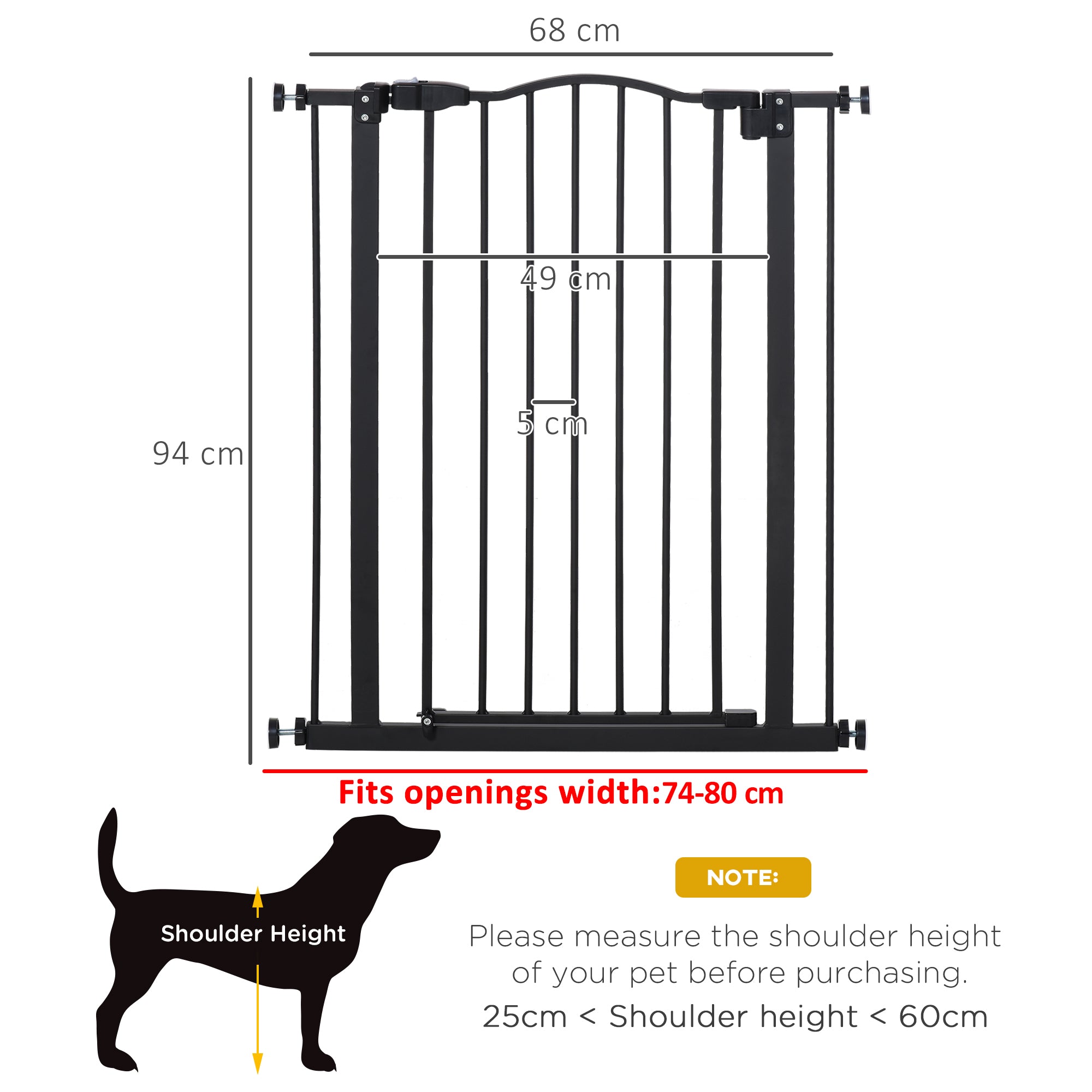 PawHut Pressure Fit Dog Stair Gate No Drilling Safety Gate Auto Close for Doorways, Hallways, 74-80cm Adjustable, 94cm Tall, Black 