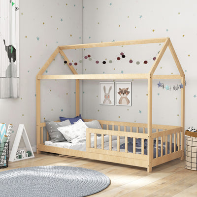 HOMCOM House-Shaped Kids Bed Frame with Guard Rails, Solid Pine Wood Single Bed Frame for Kids Boys and Girls, Natural 