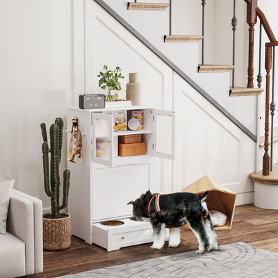 PawHut Dog Feeding Station with 2 Storage Cabinets, 2 Elevated Bowls, Side Hooks, Anti-tip Kit for Water and Feeding Supplies 