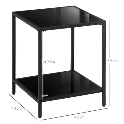 HOMCOM Side Table with Tempered Glass Top, End Table with 2-Tier Storage, Classic Accent Table with Steel Frame, Black 