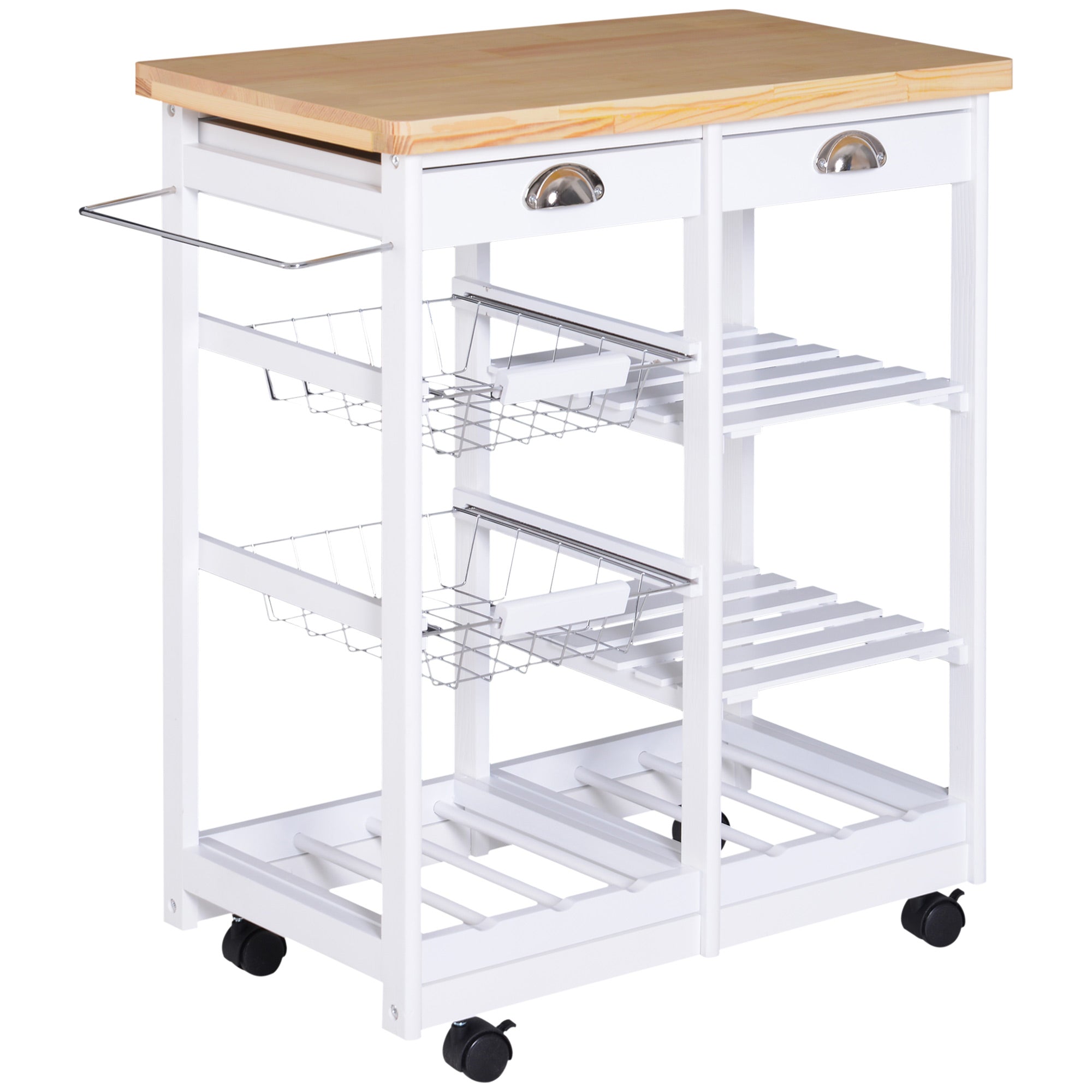 HOMCOM Rolling Kitchen Island Trolley Cart Drawer Shelves Basket Wheels W/  6 Bottle Wine Rack White 