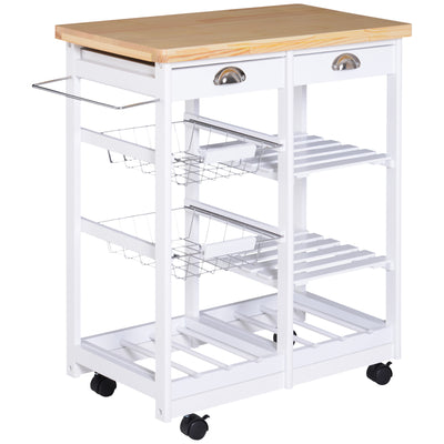 HOMCOM Rolling Kitchen Island Trolley Cart Drawer Shelves Basket Wheels W/  6 Bottle Wine Rack White 