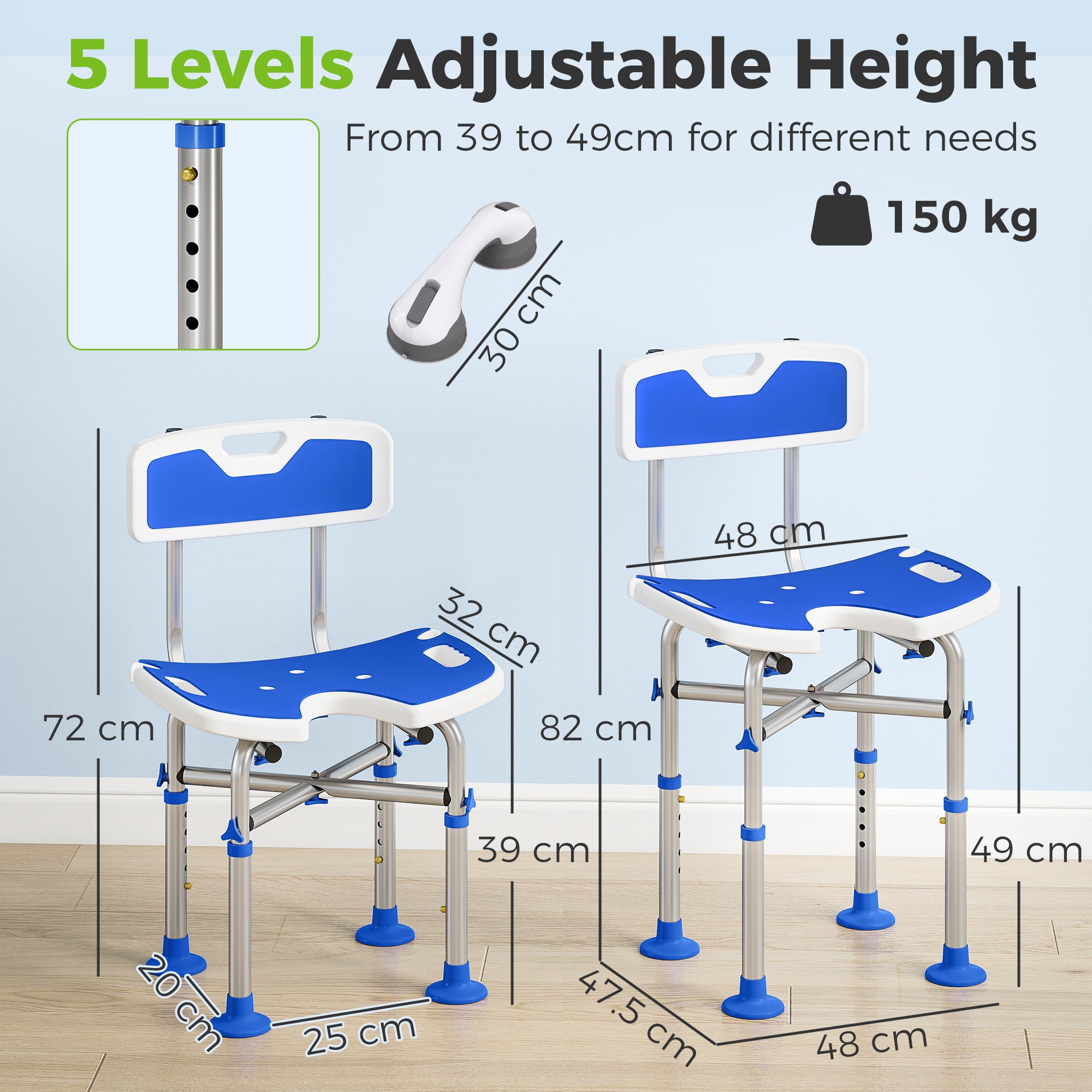 HOMCOM Shower Chair with U-Shaped Cutout, Height Adjustable Bath Bench, Padded Shower Stool for Elderly, Senior, Disabled, Blue 
