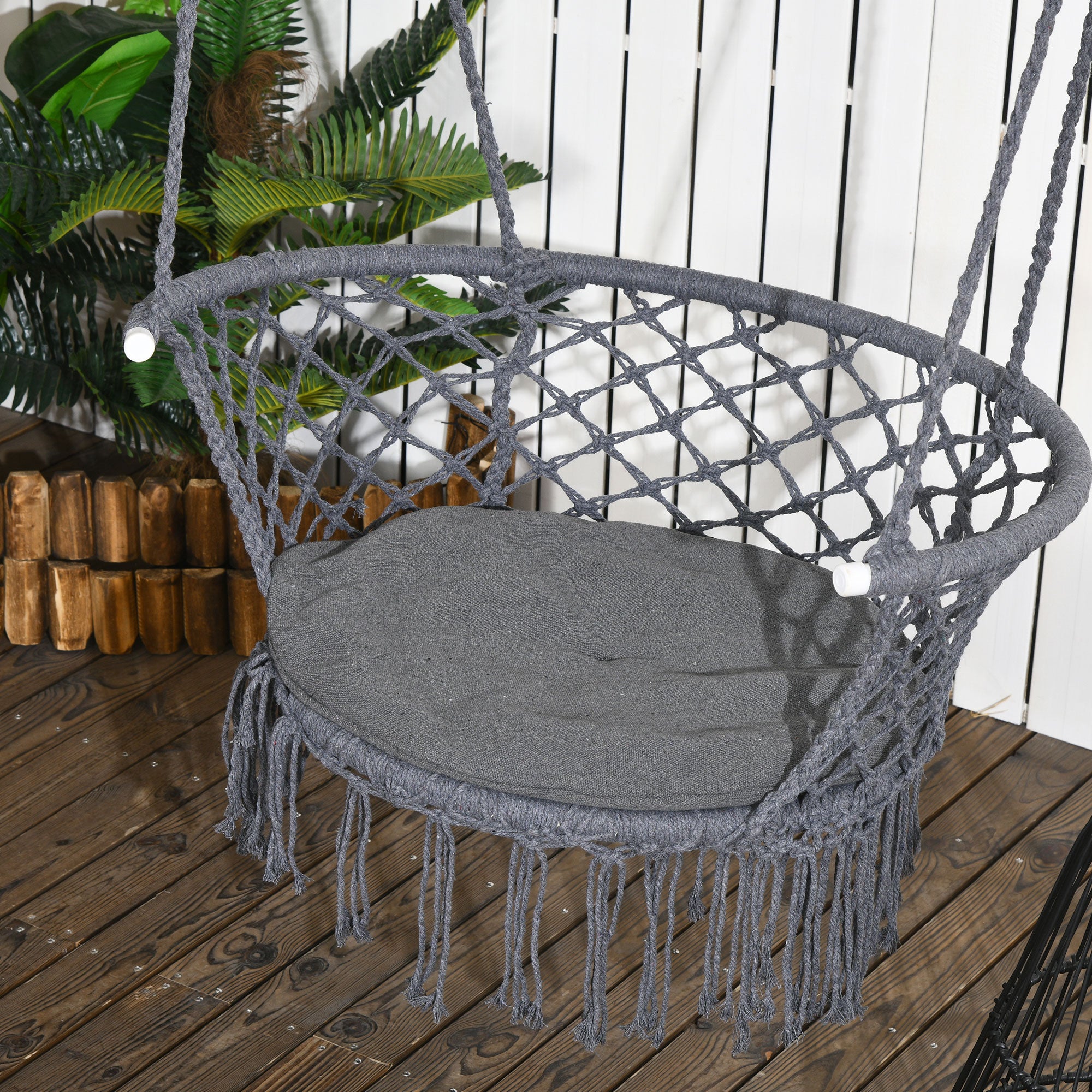 Outsunny Outdoor Hanging Rope Chair with Cotton Rope, Cotton-Polyester Blend Macrame Garden Hammock Chair with Seat Cushion, Support Backrest, for Patio, Garden, Porch, Dark Grey 