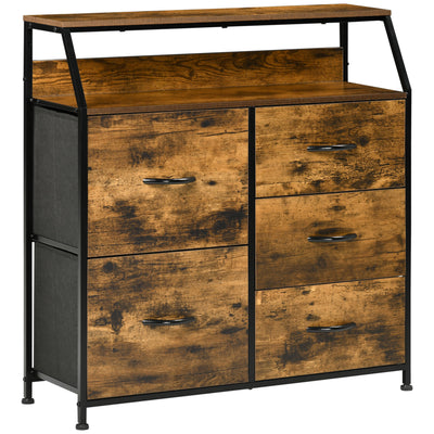 HOMCOM Bedroom Chest of Drawers, Industrial 5 Fabric Drawer Dresser with Open Shelf for Living Room, Rustic Brown 