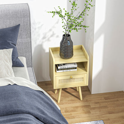 HOMCOM Set of Two Rattan Weave Bedside Tables - Wood Effect 
