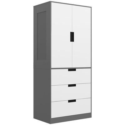 HOMCOM 2 Door Wardrobe, Modern Wardrobe with 3 Drawers and Hanging Rod for Bedroom, Grey 
