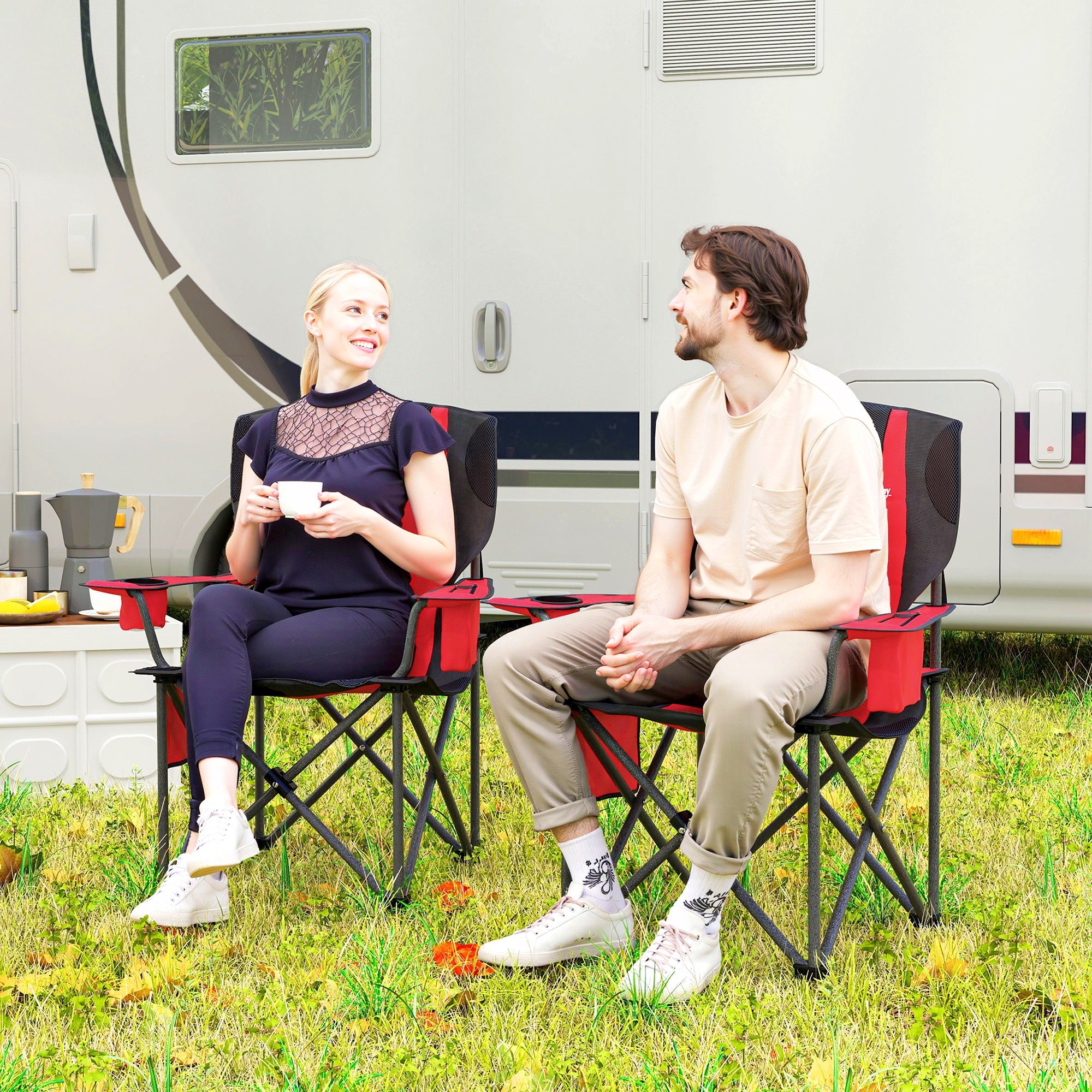 Outsunny Set of 2 Folding Camping Chairs, Padded Camping Chairs with Adjustable Armrests, Portable & Lightweight Folding Camp Chair with Cooler Bag, Cup Holder and Side Pockets, Red 