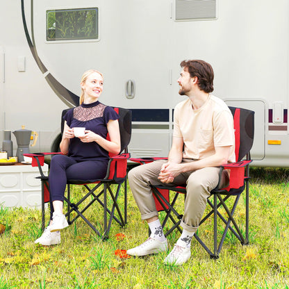 Outsunny Set of 2 Folding Camping Chairs, Padded Camping Chairs with Adjustable Armrests, Portable & Lightweight Folding Camp Chair with Cooler Bag, Cup Holder and Side Pockets, Red 