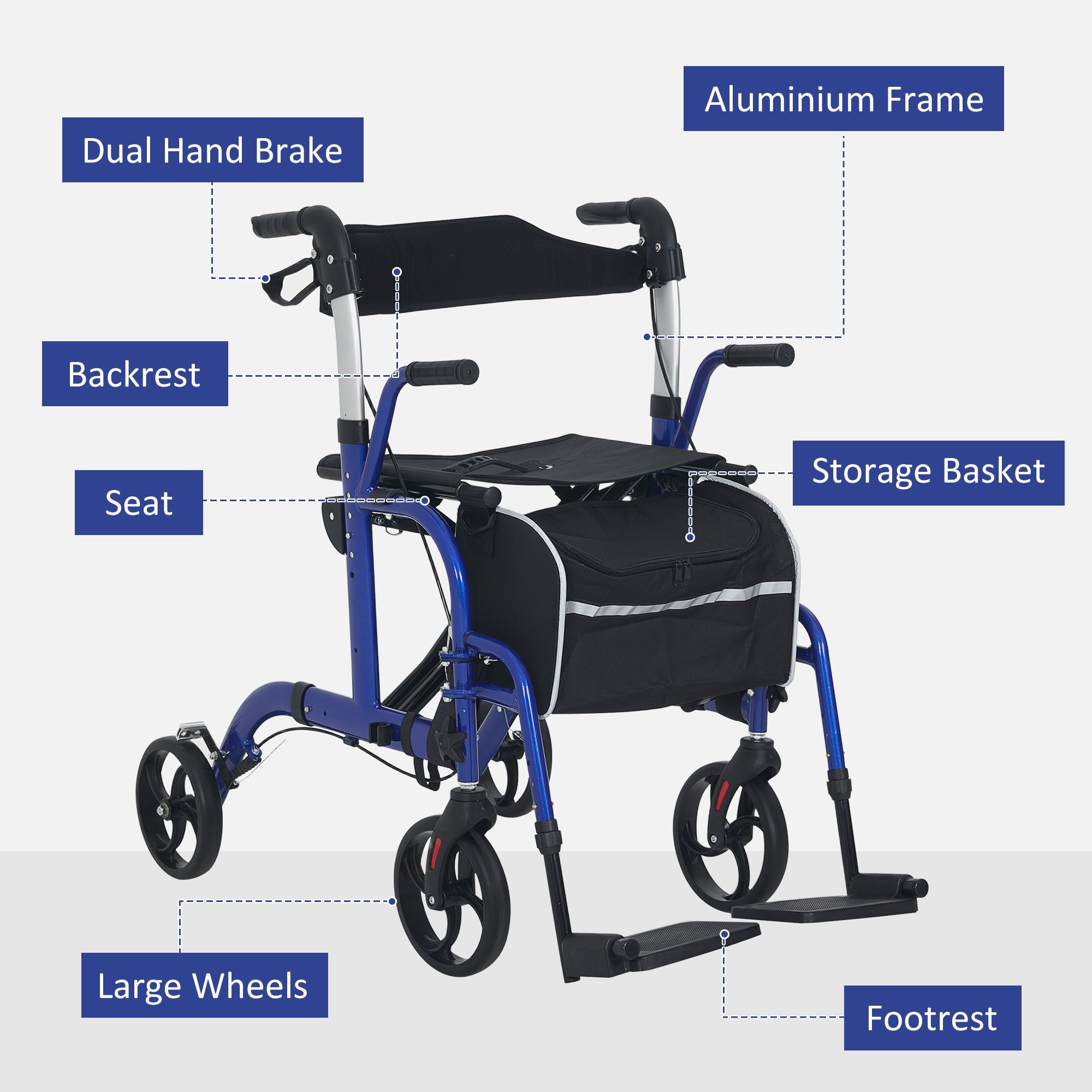 HOMCOM 2 in 1 Wheelchair Transport Chair & Folding Rollator Walker with Seat, Backrest, Footrest, Lightweight Walking Frame with Bag, Adjustable Height, 4 Wheeled Walker for Seniors, Pearl Blue 