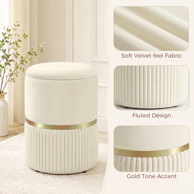HOMCOM Round Storage Stool, Velvet-feel Fabric Upholstered Vanity Stool with Removable Top, Padded Seat and Hidden Space, Beige