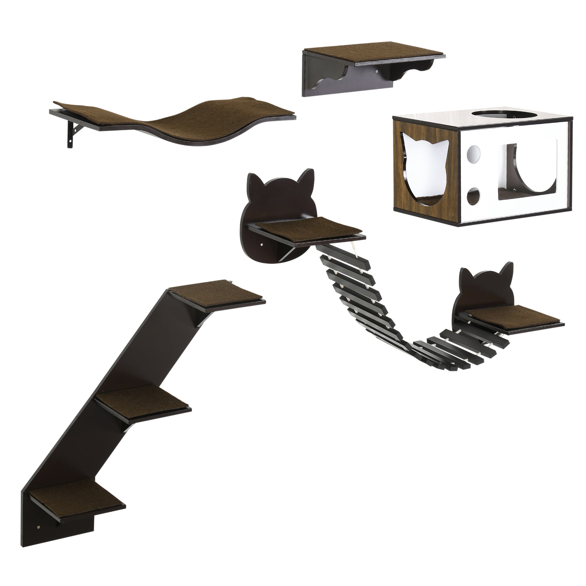 PawHut 5 Piece Cat Wall Shelves, Wall-Mounted Cat Tree for Indoor Use - Brown 