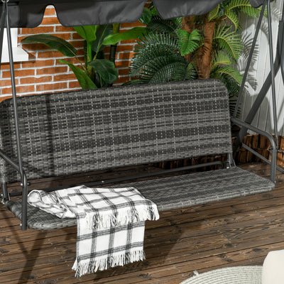 Outsunny 3-Seater Outdoor PE Rattan Swing Chair, Patio Wicker Hanging Swing Bench with Steel Frame Stand & Adjustable Canopy, Grey 