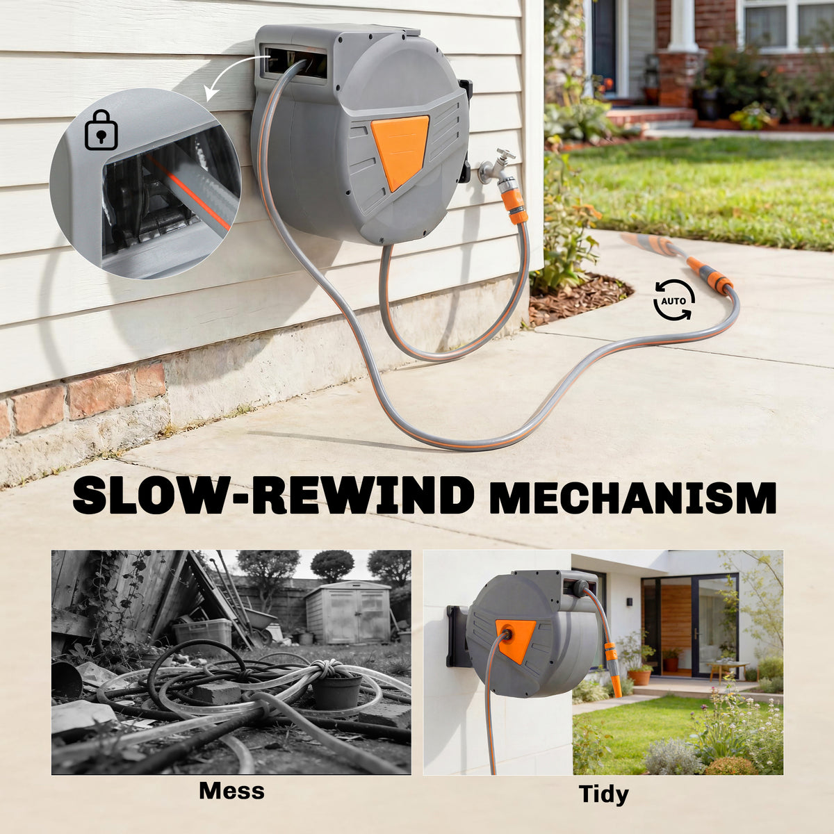Outsunny Retractable Hose Reel Wall Mounted, 40+2m Garden Hose Pipe Reel with Auto Retraction, Self-Locking, Orange 