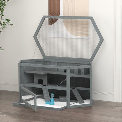 PawHut 3 Tier Wooden Large Hamster Cage with Sliding Tray, Seesaws, Water Bottle, Grey 