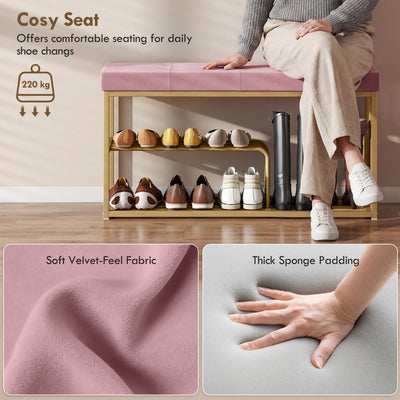 HOMCOM Bench and Shoe Storage, Tufted Shoe Storage Bench with Velvet Seat Cushion Gold Steel Frame for Entryway, Pink 