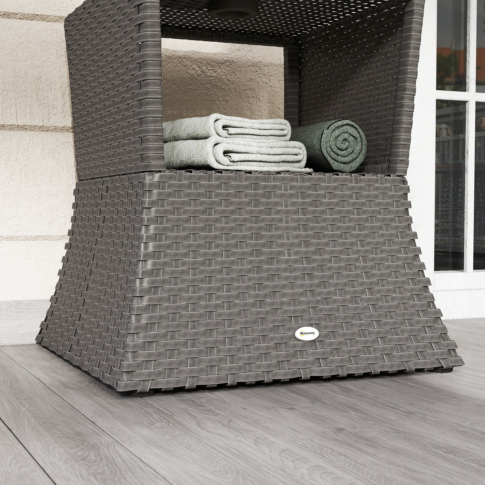 Outsunny Rattan Outdoor Coffee Table, Wicker Garden Patio Bistro Side Table with Umbrella Hole and Storage Space, Dark Grey 