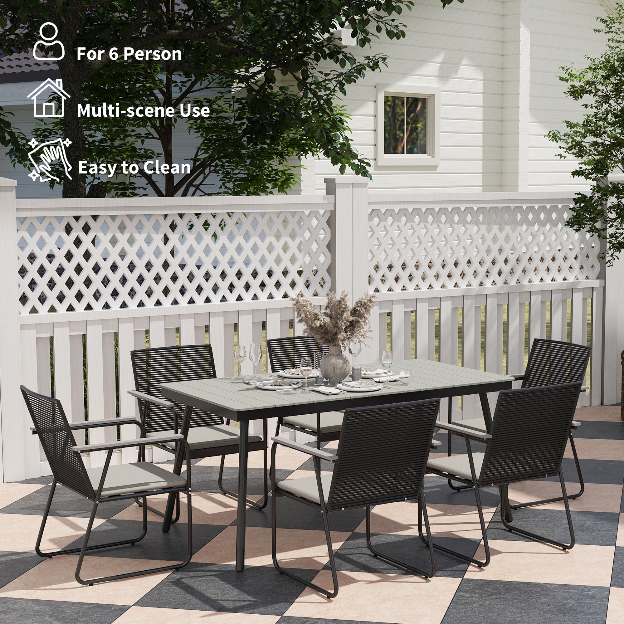 Outsunny 6 Seater Garden Dining Set with Soft Cushions, Rattan Backrest, Rectangular Plastic Top, Garden Furniture Set, Outdoor Dining Table and Chairs for Patio, Balcony, Poolside, Grey 