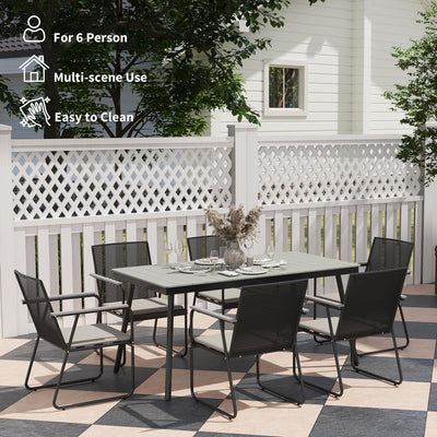 Outsunny 6 Seater Garden Dining Set with Soft Cushions, Rattan Backrest, Rectangular Plastic Top, Garden Furniture Set, Outdoor Dining Table and Chairs for Patio, Balcony, Poolside, Grey 
