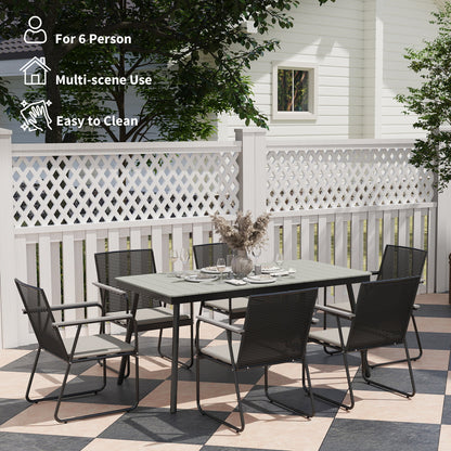 Outsunny 6 Seater Garden Dining Set with Soft Cushions, Rattan Backrest, Rectangular Plastic Top, Garden Furniture Set, Outdoor Dining Table and Chairs for Patio, Balcony, Poolside, Grey 
