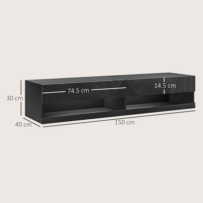 HOMCOM Floating TV Unit, Wall Mounted TV Cabinet for TVs up to 65", High Gloss Media Wall Unit with LED Lights, Storage Shelves for Living Entertainment Room, Black 