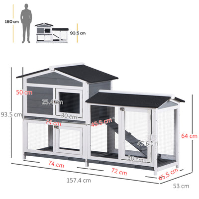 PawHut Wooden 2-Tier Rabbit Hutch w/ Tray Ramp Grey 