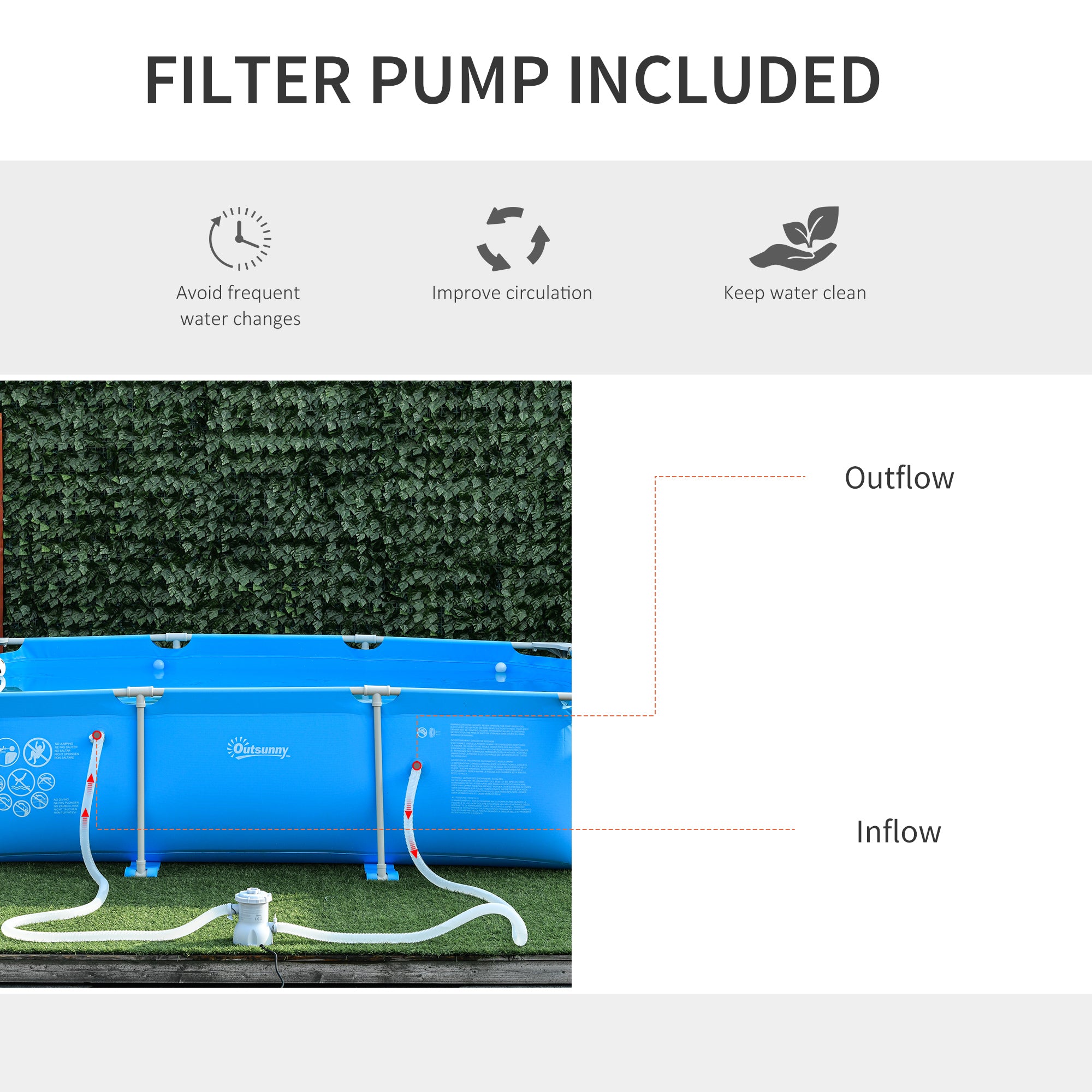 Outsunny Steel Frame Pool with Filter Pump, Filter Cartridge, Reinforced Sidewalls Rust Resistant Above Ground Swimming Pool 292 x 190 x 75cm, Blue 