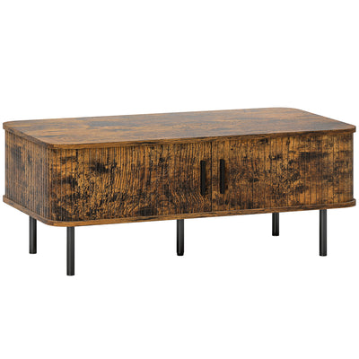 HOMCOM Coffee Table with Storage, Living Room Table with Slatted Tambour Sliding Doors and Foot Pads, Rectangular Coffee Table with Elevated Base for Living Room, Rustic Brown 