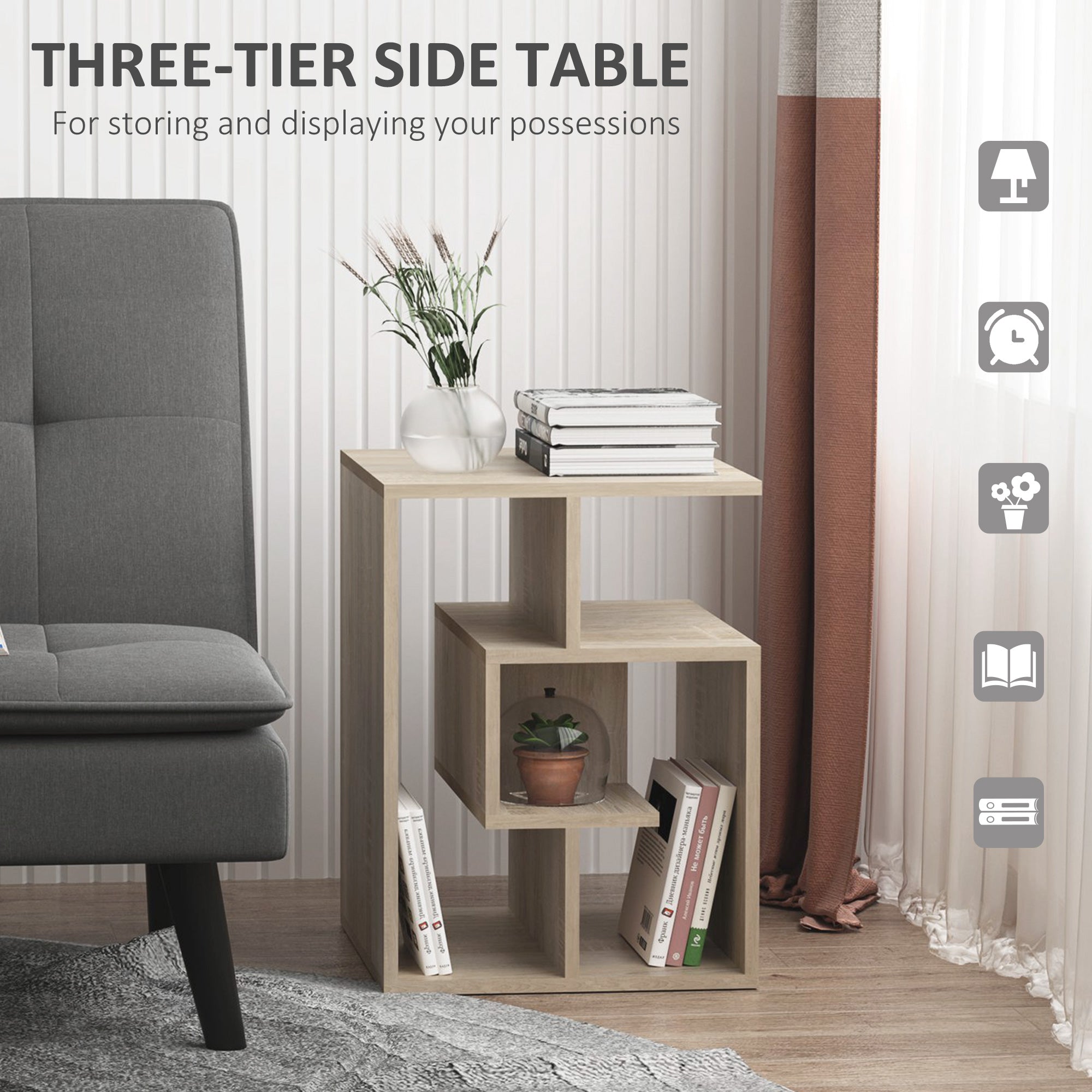 HOMCOM Side Table, 3 Tier End Table with Open Storage Shelves for Living Room, Bedroom, Oak 