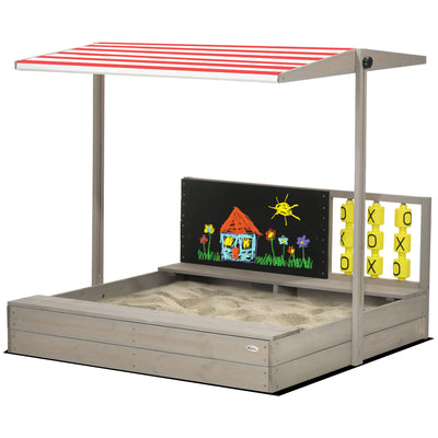 Outsunny Kids Wooden Sandpit, sandbox with canopy & Seats, for Gardens - Grey 