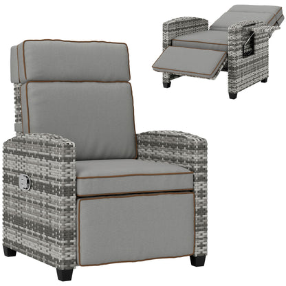 Outsunny Rattan Garden Recliner Chair, Adjustable Backrest Reclining Rattan Chair with Flip Table, Cushion and Footrest, Indoor Outdoor Lounge Reclining Sun Lounger for Patio, Mixed Grey/Grey 