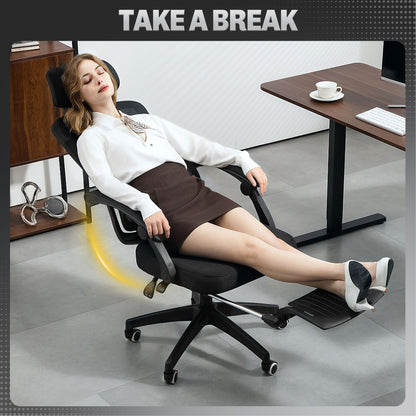 HOMCOM Ergonomic Office Chair, Mesh High Back Desk Chair with Adjustable Lumbar Support and Headrest, Footrest, Reclining Executive Swivel Computer Chair for Home Study, Black 