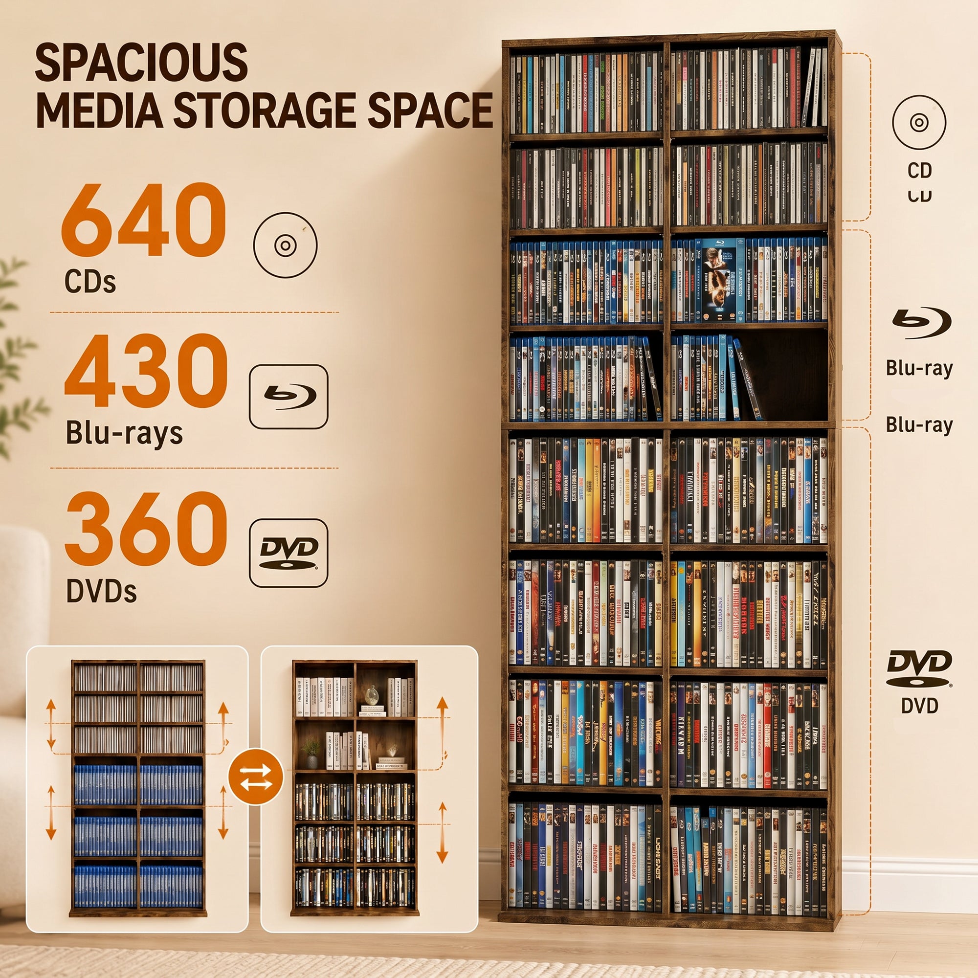 HOMCOM 640 CD Storage Tower - Rustic Brown