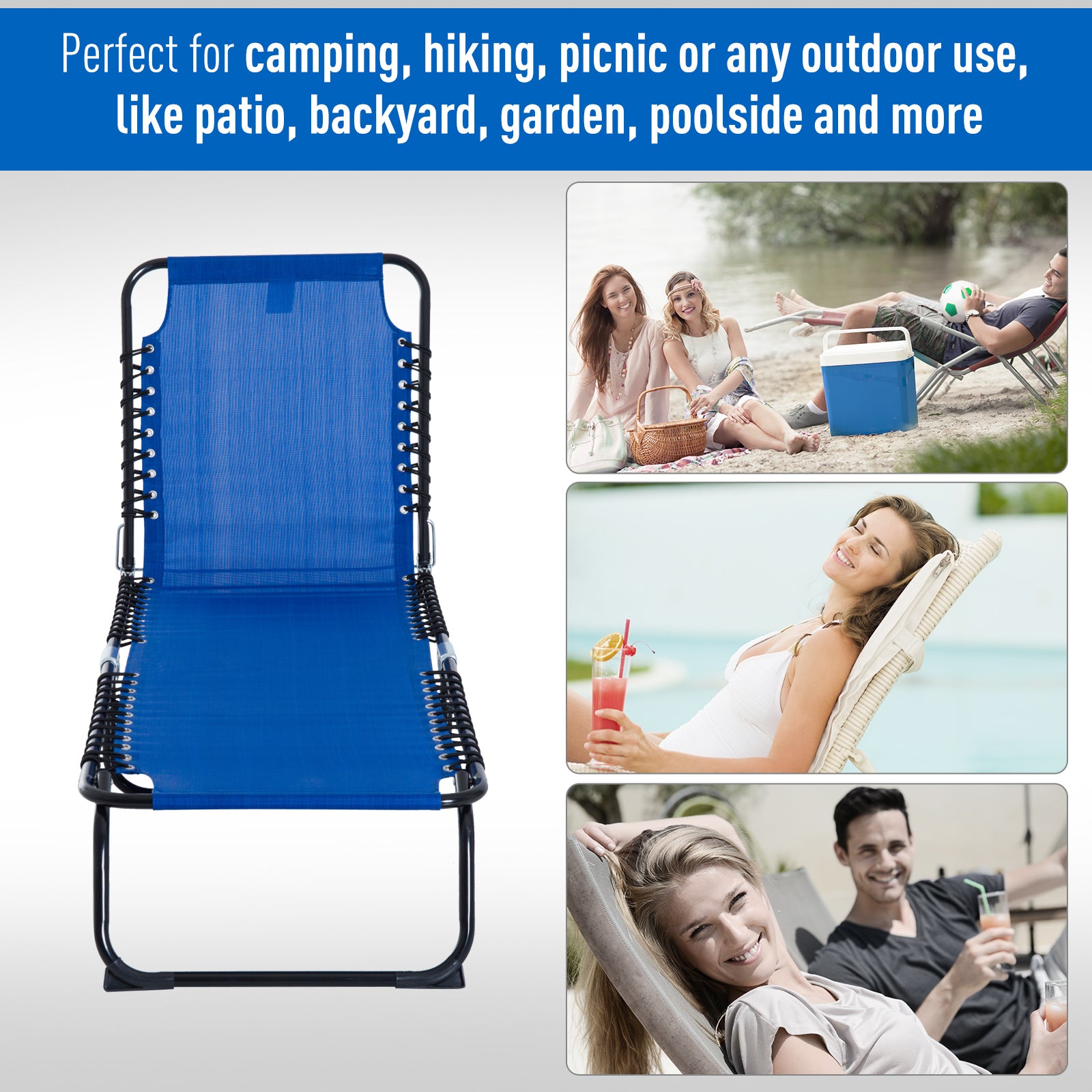Outsunny Foldable Sun Lounger, Outdoor 4 Level Adjustable Backrest Reclining Chaise Chair, Steel Frame Recliner Chair for Camping, Hiking, Navy Blue 