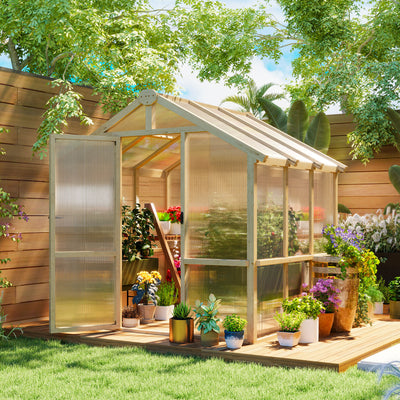Outsunny 6.6 x 6ft Polycarbonate Greenhouse, Walk-in Wooden Greenhouse with Lockable Door and Window, Garden Plants Grow House, Brown 